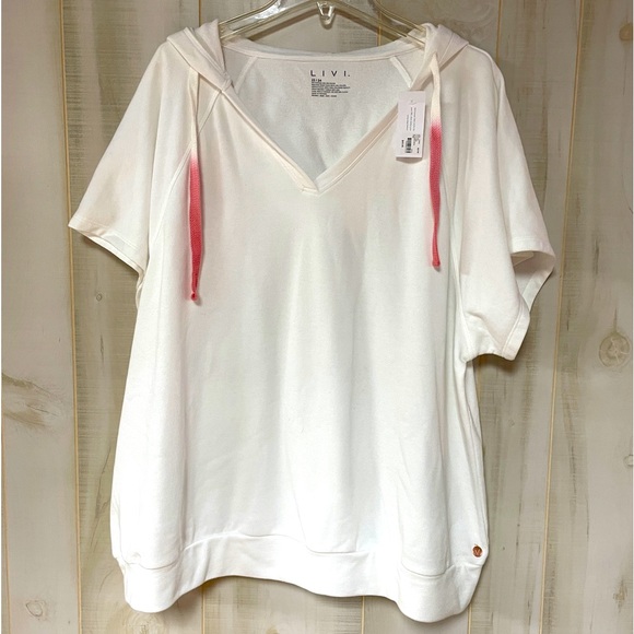 Livi Active Tops - NWT Livi White Pink Ombre Strings V Neck Short Sleeve Hooded Sweatshirt Sz 22/24